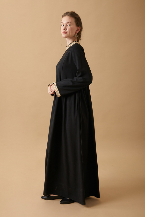 Dantel Şeritli Keten Elbise Siyah - 7