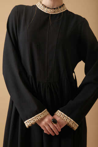 Dantel Şeritli Keten Elbise Siyah - 4