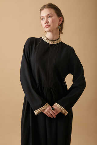 Dantel Şeritli Keten Elbise Siyah - 9