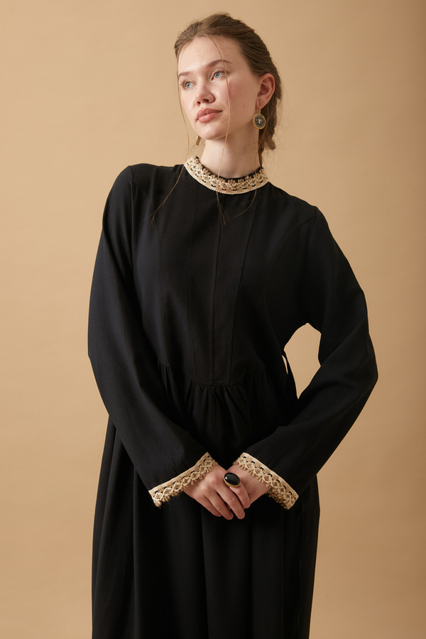 Dantel Şeritli Keten Elbise Siyah - 9