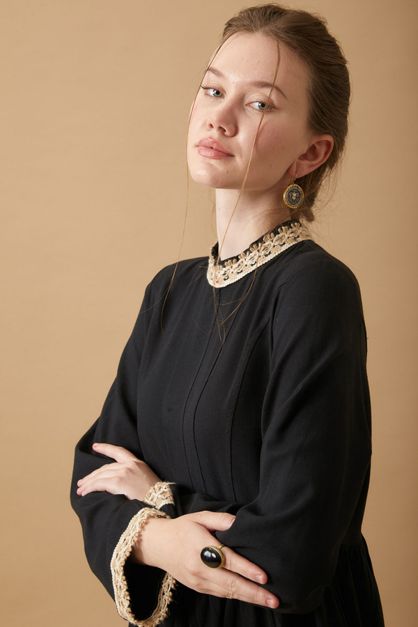 Dantel Şeritli Keten Elbise Siyah - 6