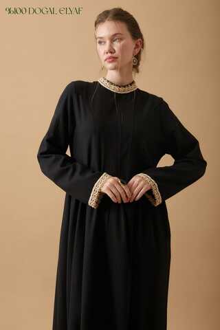 Dantel Şeritli Keten Elbise Siyah - 1