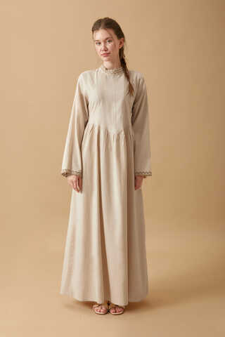 Dantel Şeritli Keten Elbise Taş - 12