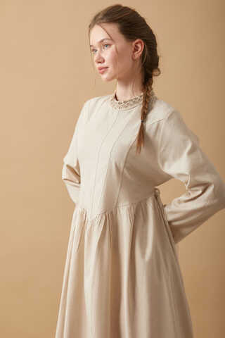 Dantel Şeritli Keten Elbise Taş - 16