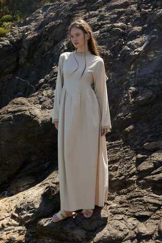 Dantel Şeritli Keten Elbise Taş - 7