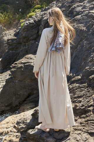 Dantel Şeritli Keten Elbise Taş - 9