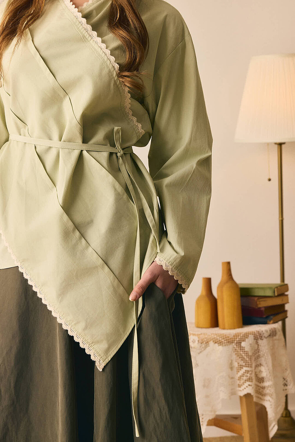 Dantelli Asimetrik Gömlek Açık Yeşil - 3