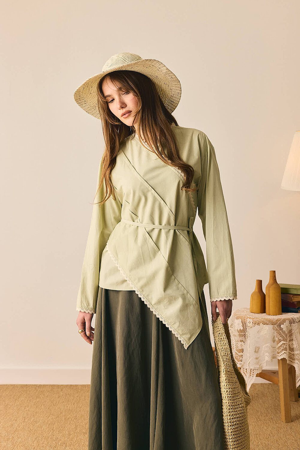 Dantelli Asimetrik Gömlek Açık Yeşil - 6