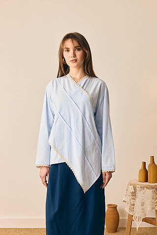 Dantelli Asimetrik Gömlek Bebe Mavisi - 1