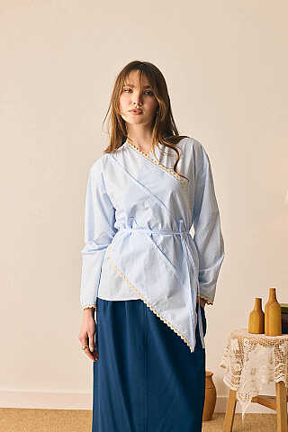 Dantelli Asimetrik Gömlek Bebe Mavisi - 6