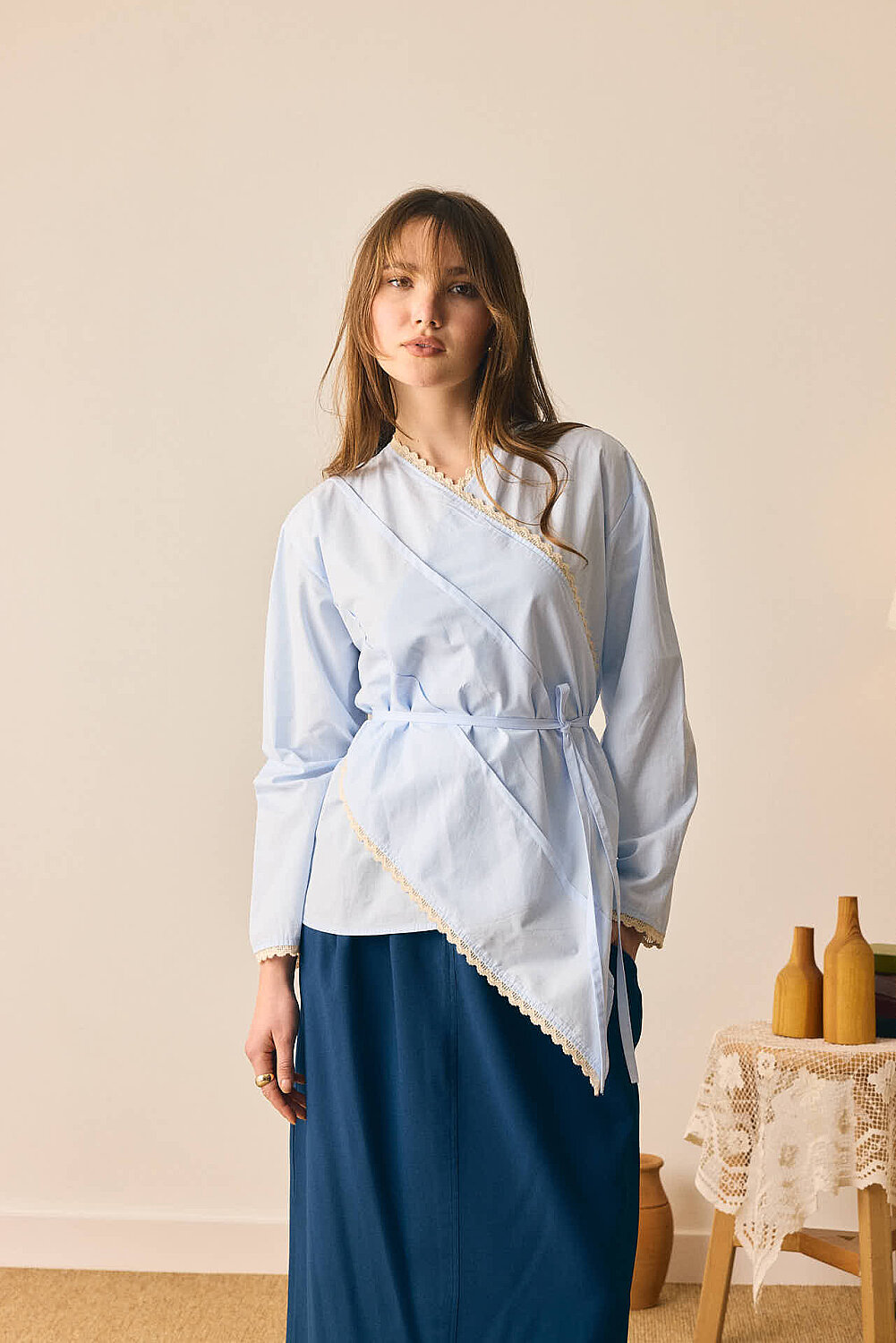 Dantelli Asimetrik Gömlek Bebe Mavisi - 6