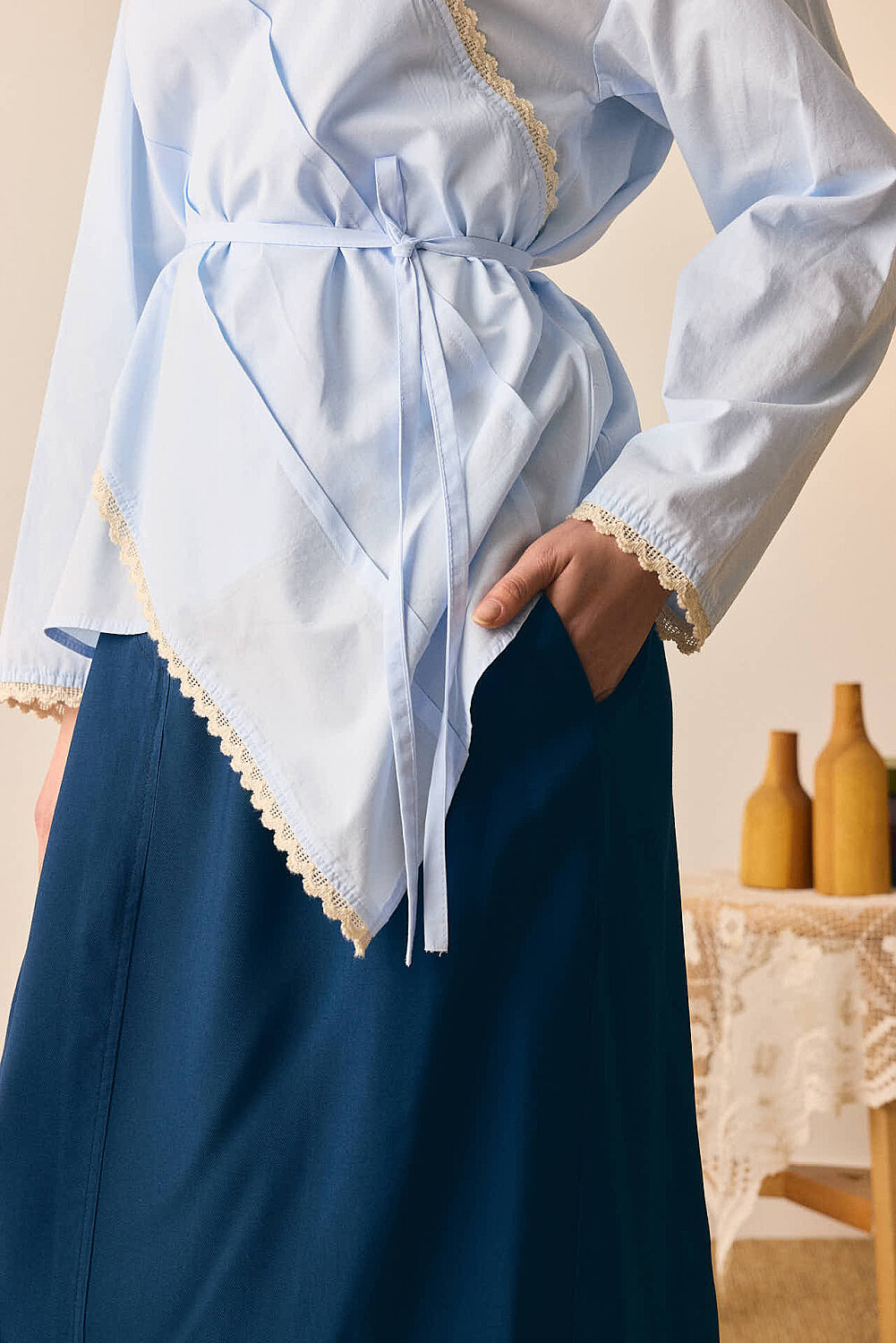 Dantelli Asimetrik Gömlek Bebe Mavisi - 3