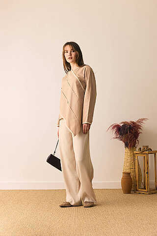 Dantelli Asimetrik Gömlek Bej - 1