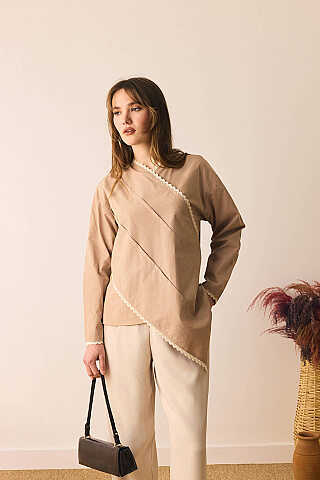 Dantelli Asimetrik Gömlek Bej - 2