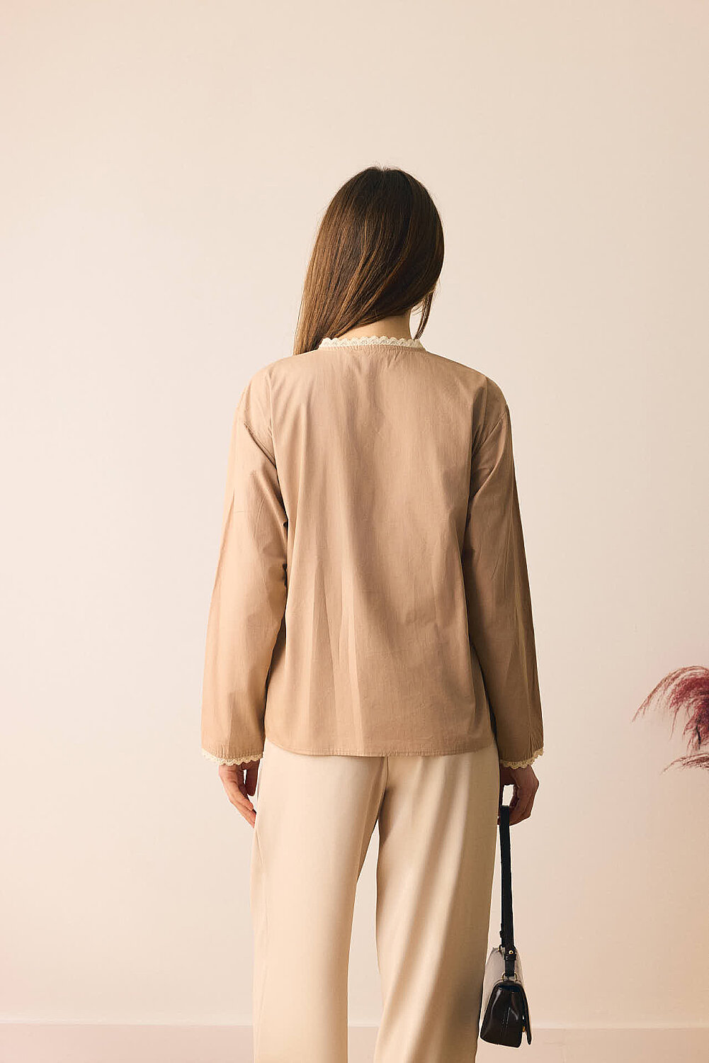 Dantelli Asimetrik Gömlek Bej - 8