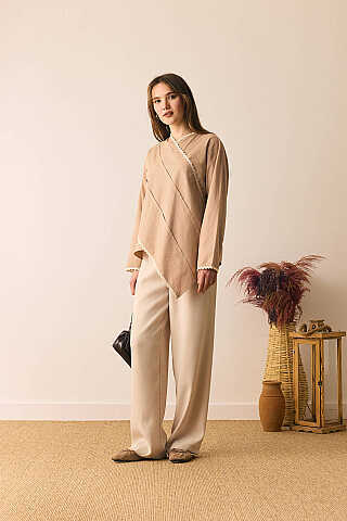 Dantelli Asimetrik Gömlek Bej - 9