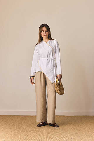 Dantelli Asimetrik Gömlek Beyaz - 7