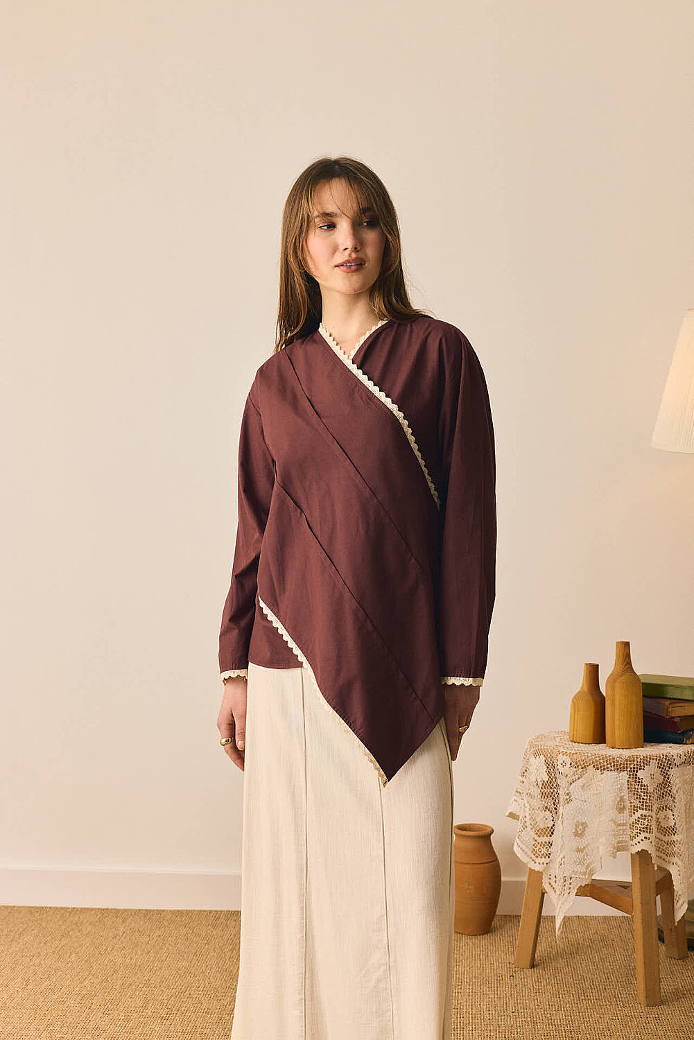 Dantelli Asimetrik Gömlek Bordo 