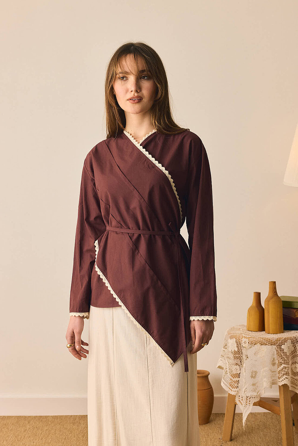 Dantelli Asimetrik Gömlek Bordo - 6