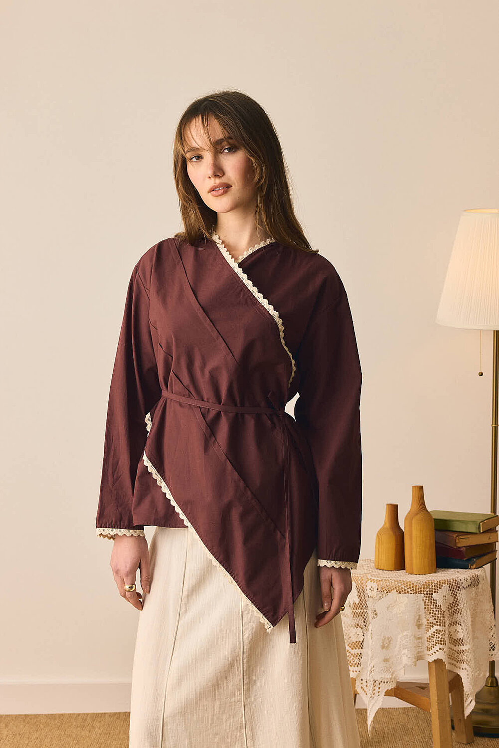 Dantelli Asimetrik Gömlek Bordo - 3