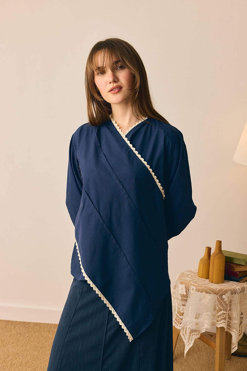 Dantelli Asimetrik Gömlek Lacivert - 6