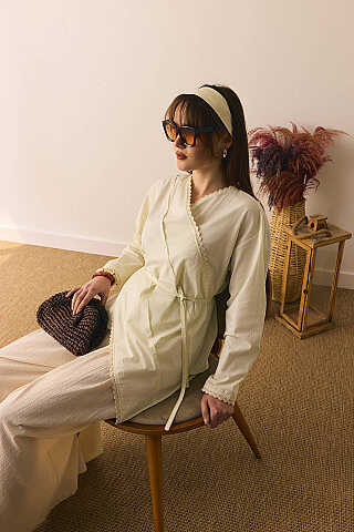 Dantelli Asimetrik Gömlek Tereyağı Sarısı - 6