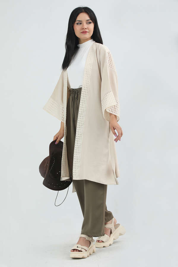 Dantelli Kısa Kimono Bej - 3