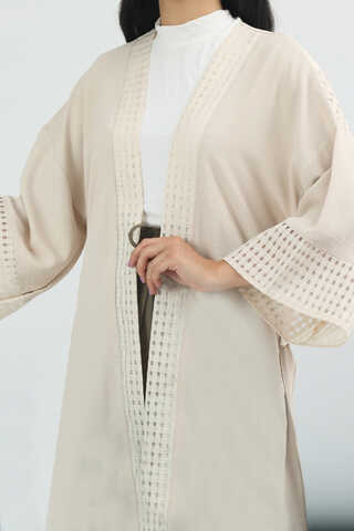 Dantelli Kısa Kimono Bej - 4