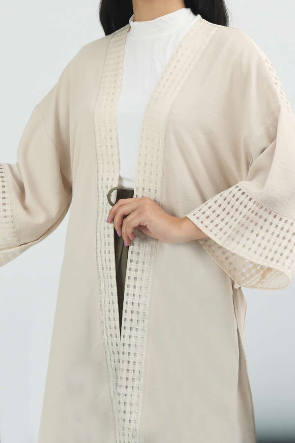 Dantelli Kısa Kimono Bej - 4