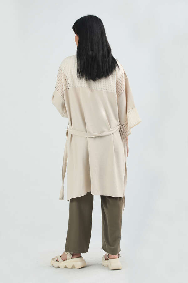 Dantelli Kısa Kimono Bej - 5