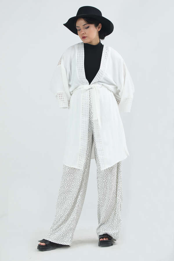 Dantelli Kısa Kimono Ekru - 1