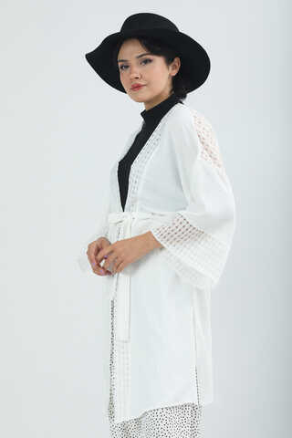 Dantelli Kısa Kimono Ekru - 3