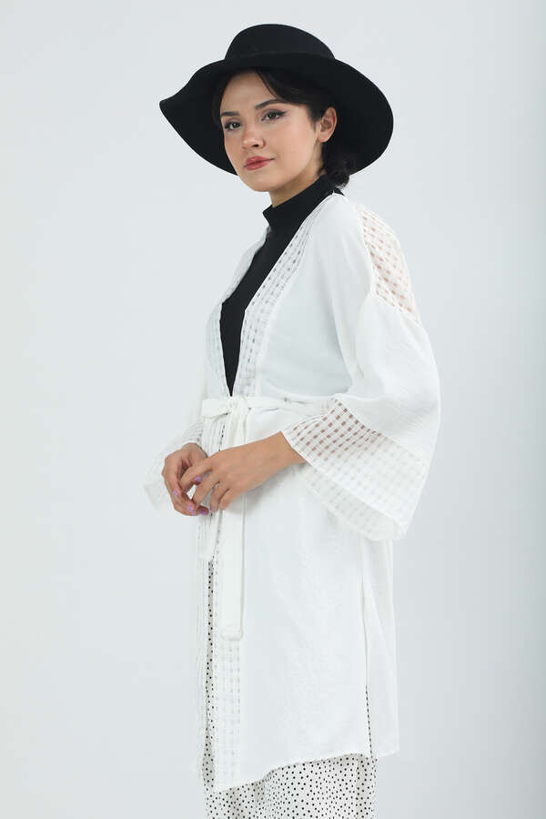 Dantelli Kısa Kimono Ekru - 3