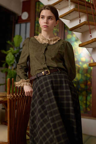 Dantelli Kısa Süet Gömlek Haki - 5