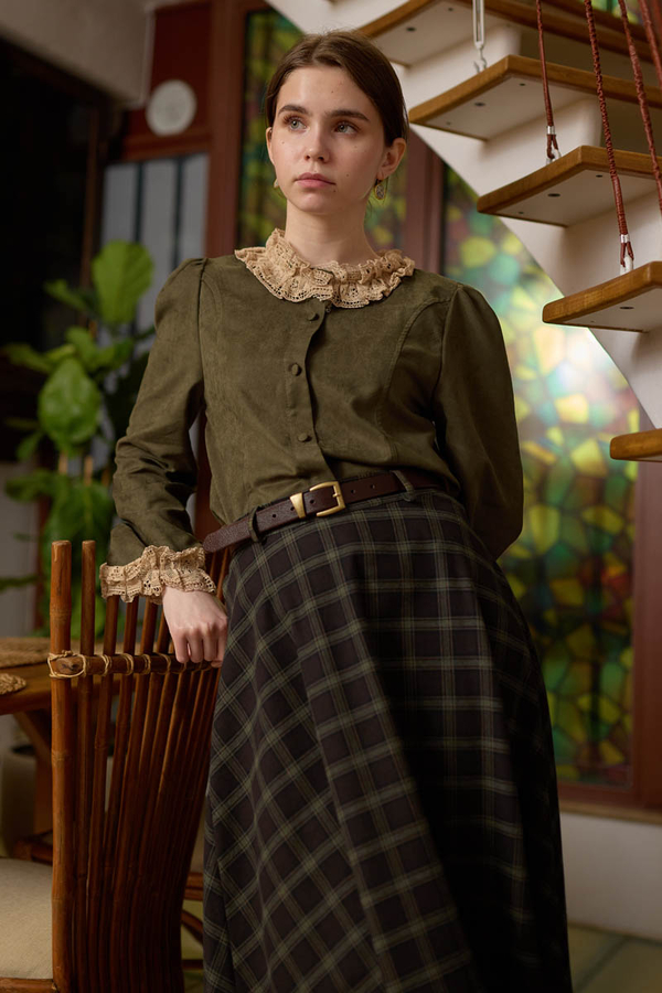 Dantelli Kısa Süet Gömlek Haki - 5