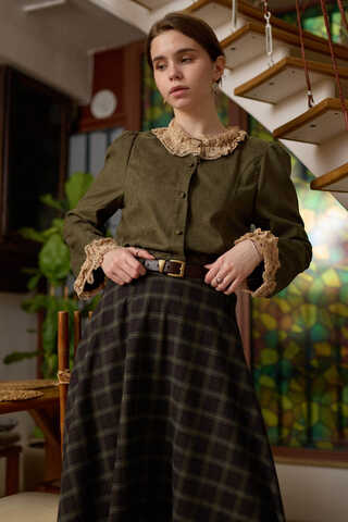 Dantelli Kısa Süet Gömlek Haki - 7