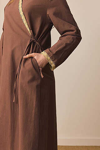 Dantelli Kruvaze Abaya Kahverengi - 1