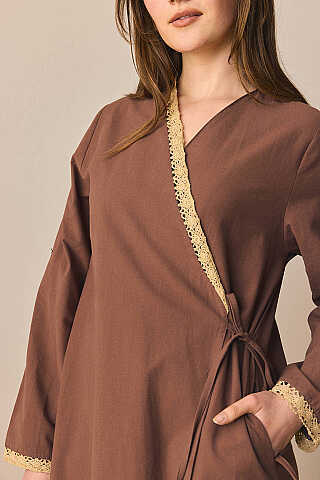 Dantelli Kruvaze Abaya Kahverengi - 2