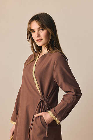 Dantelli Kruvaze Abaya Kahverengi - 3