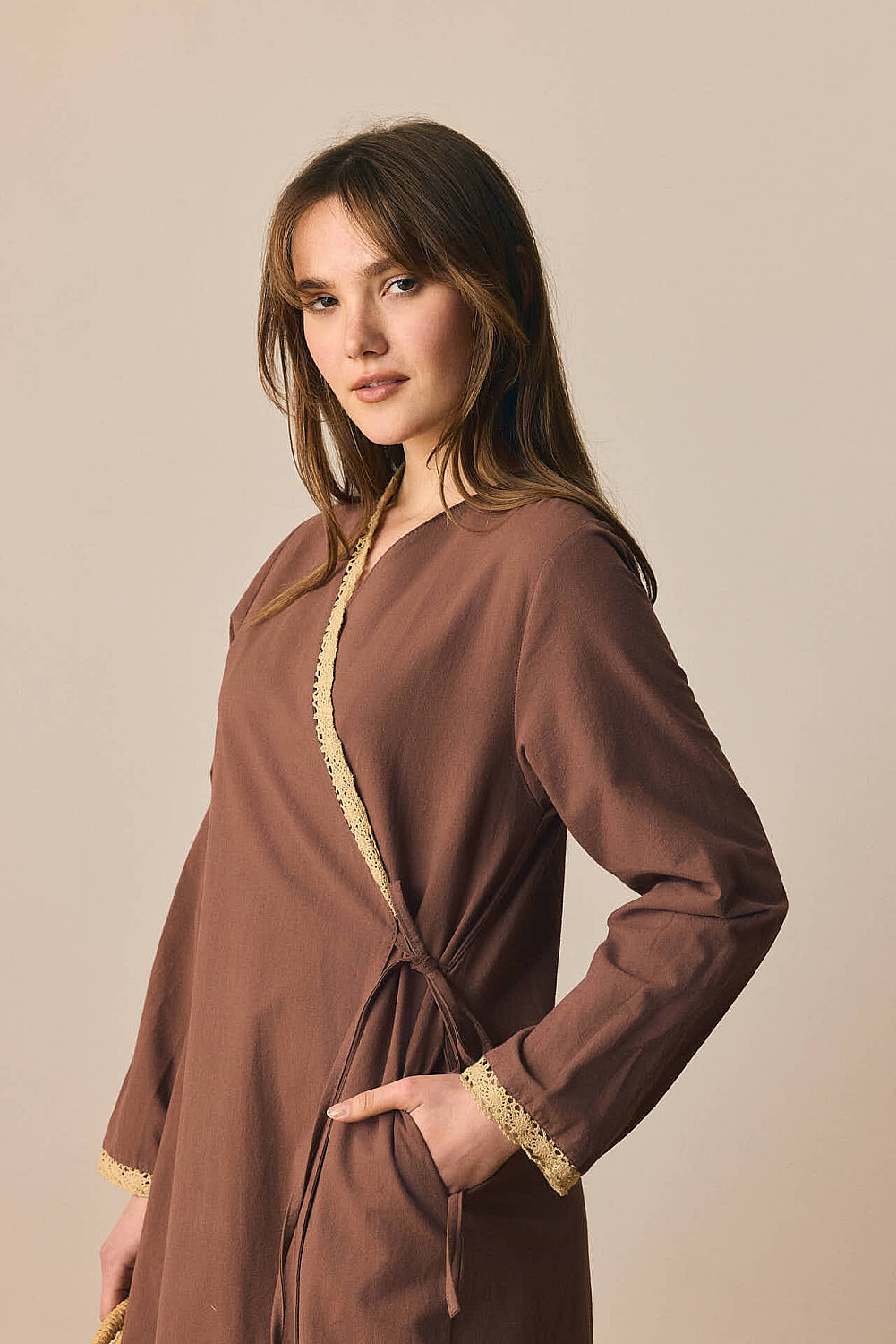 Dantelli Kruvaze Abaya Kahverengi - 3