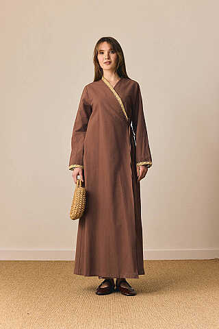 Dantelli Kruvaze Abaya Kahverengi - 5