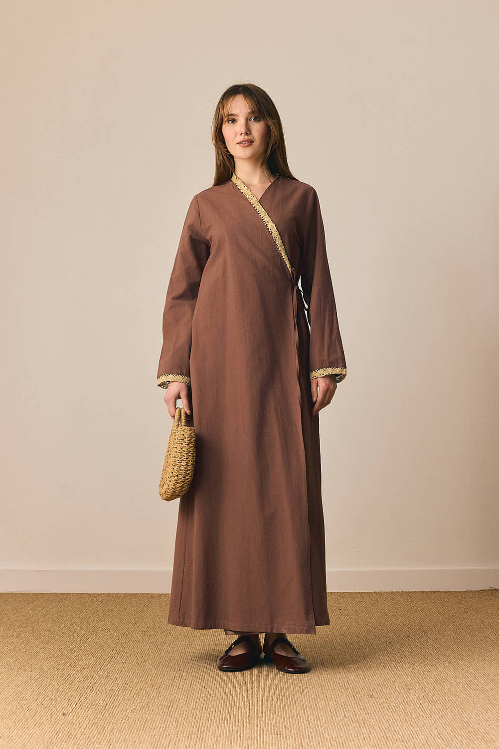 Dantelli Kruvaze Abaya Kahverengi - 5