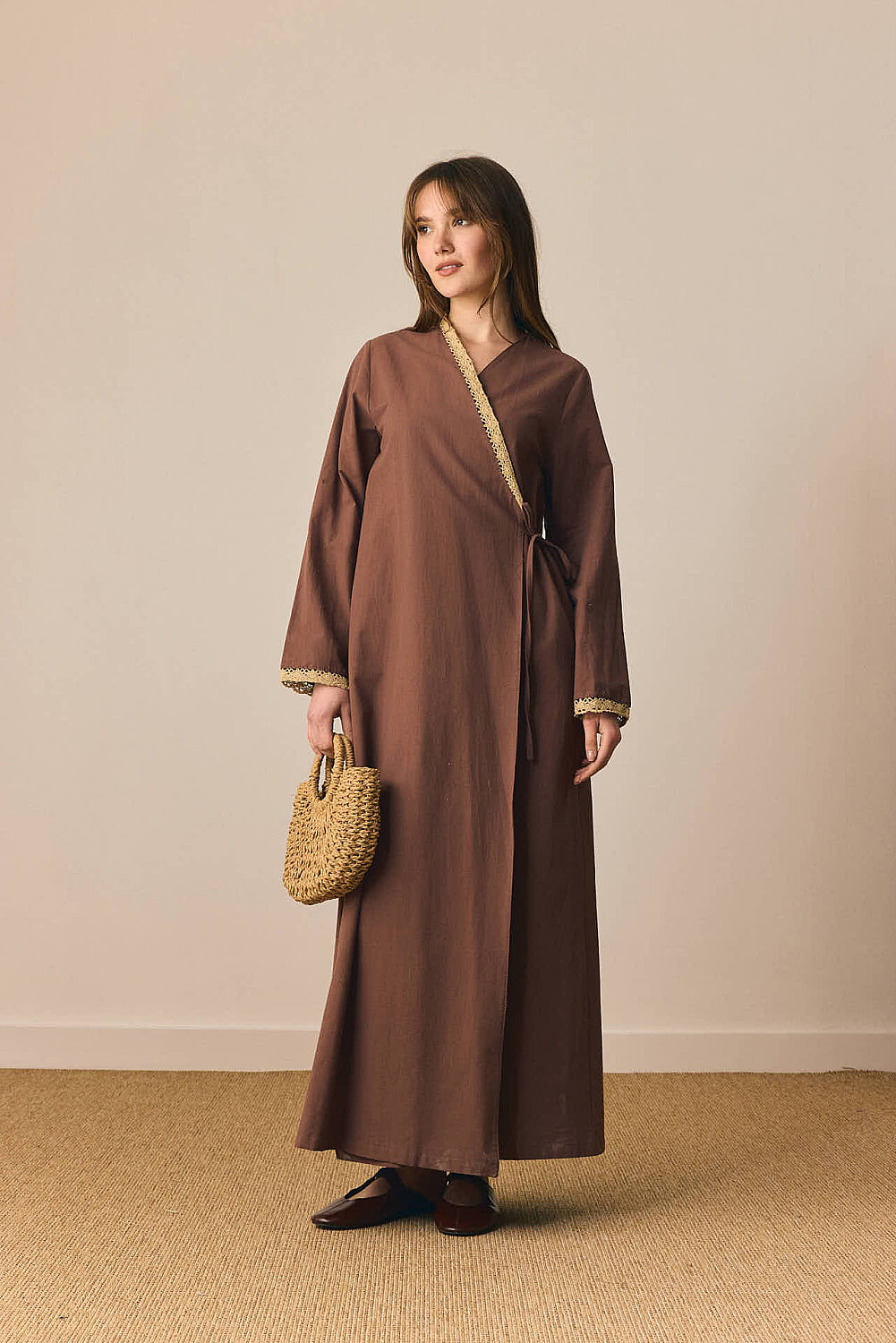 Dantelli Kruvaze Abaya Kahverengi - 6
