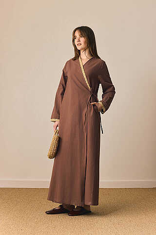 Dantelli Kruvaze Abaya Kahverengi - 7