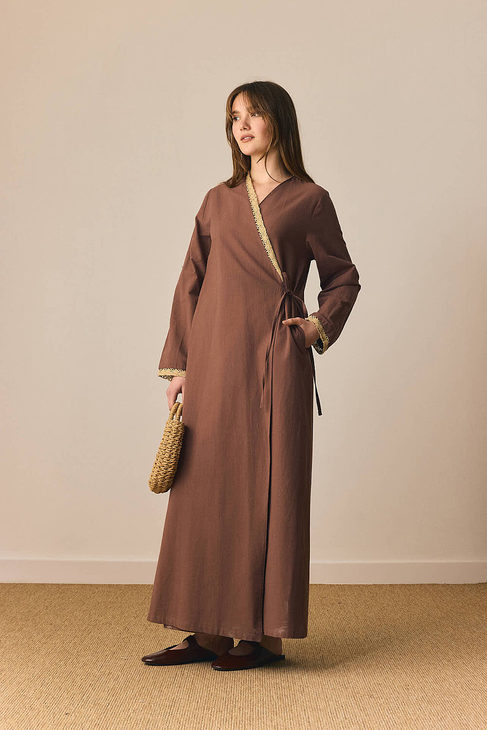 Dantelli Kruvaze Abaya Kahverengi - 7