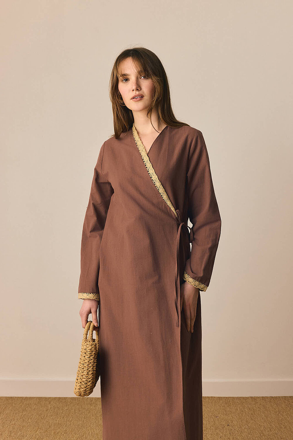 Dantelli Kruvaze Abaya Kahverengi - 8