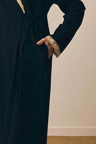Dantelli Kruvaze Abaya Siyah - 1