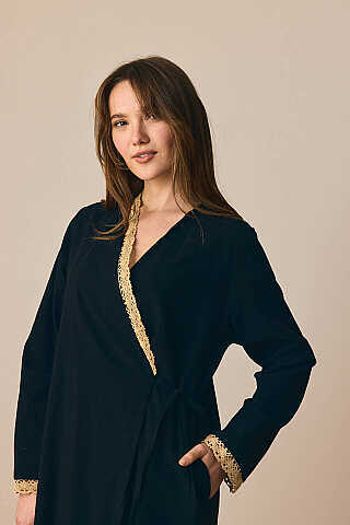 Dantelli Kruvaze Abaya Siyah - 3