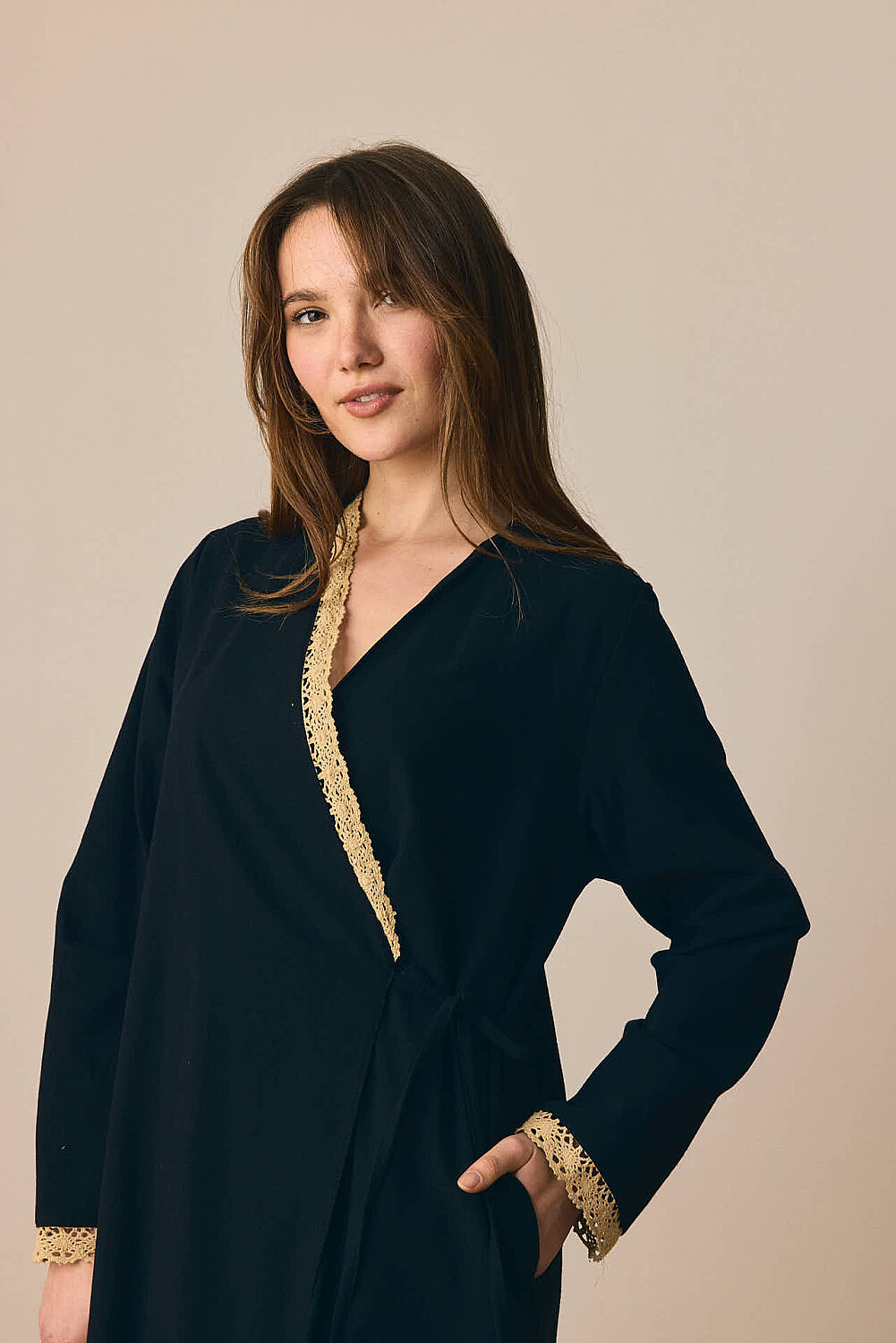 Dantelli Kruvaze Abaya Siyah - 3