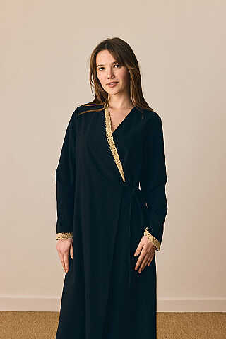 Dantelli Kruvaze Abaya Siyah - 6